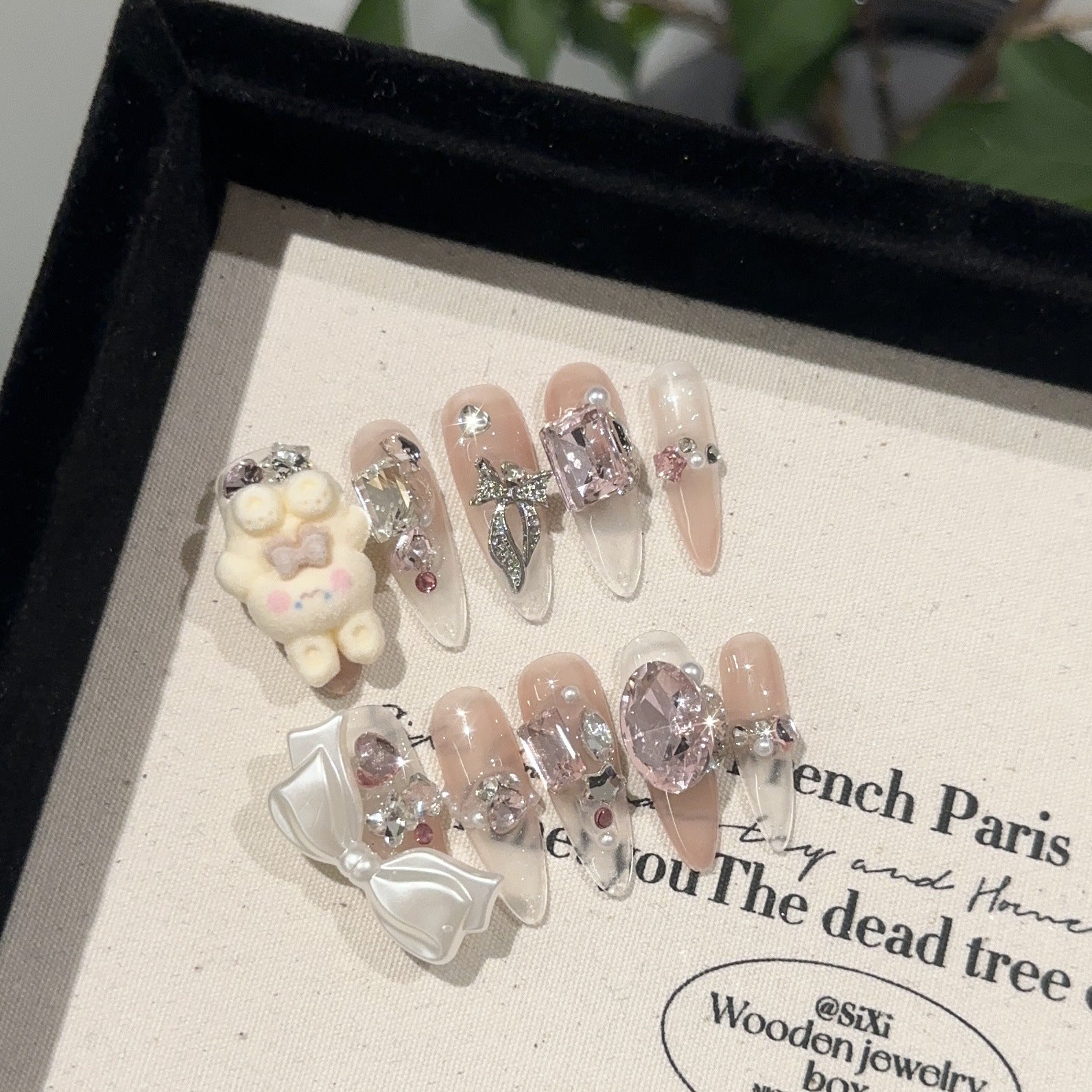 #048 ViVagg Press on nails Pure hand-worn nail piece advanced sense pink gradient nail nail display white rabbit bow big diamond light luxury nails