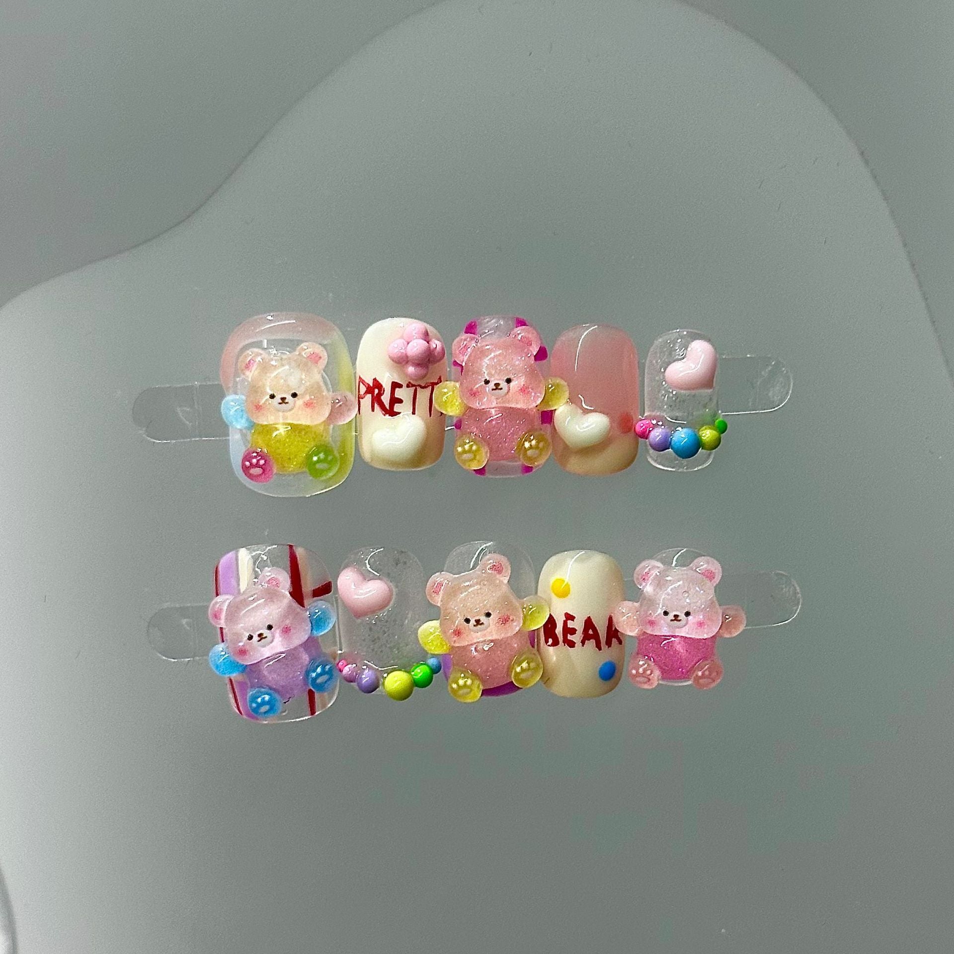 #054 ViVagg Press on nails Cartoon bear hand-worn nail patch advanced summer cute short nail patch can be detachable color white