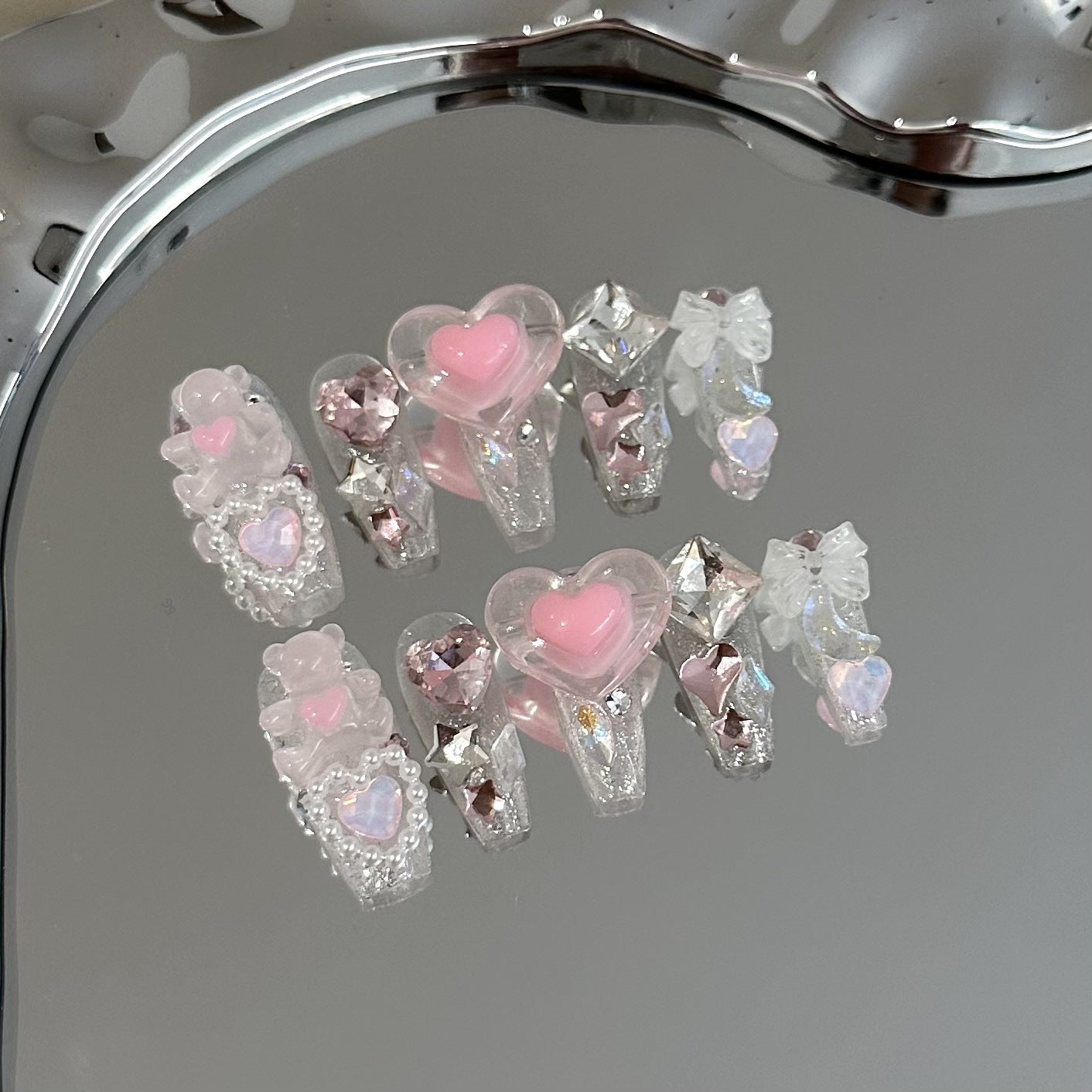 #046 ViVagg Press on nails Hand-worn nail patch Advanced pink cartoon Bear Love nail sticker removable full drill cute fake nails