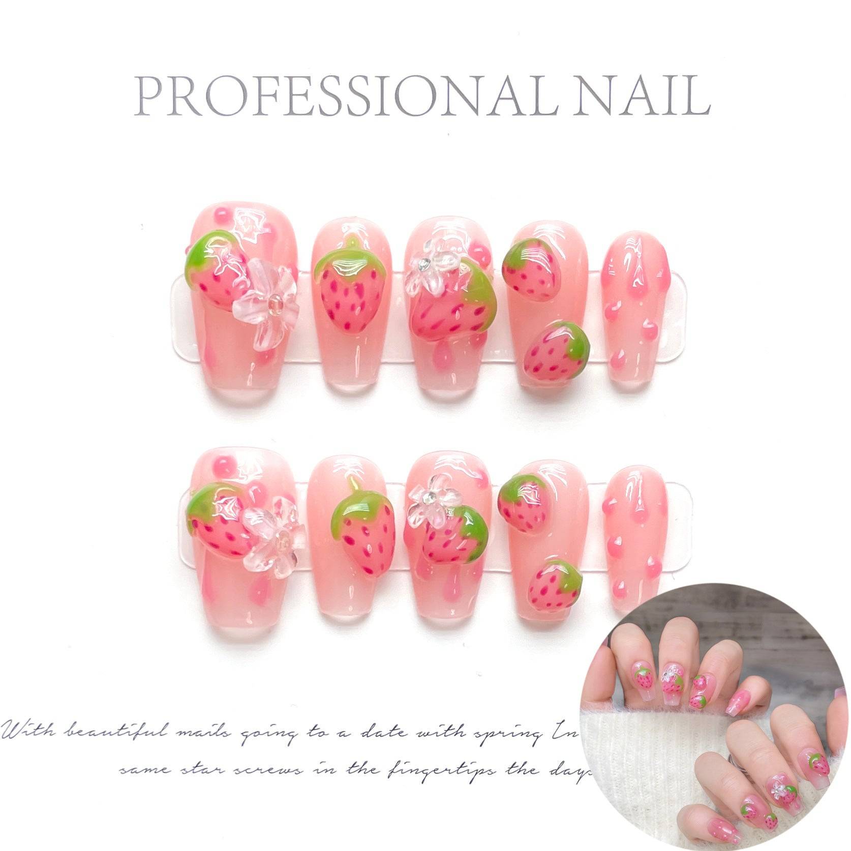 #108 ViVagg Press on nails Pure handmade strawberry sweetheart cute wind wear nail nail finished patch temperament nude powder white