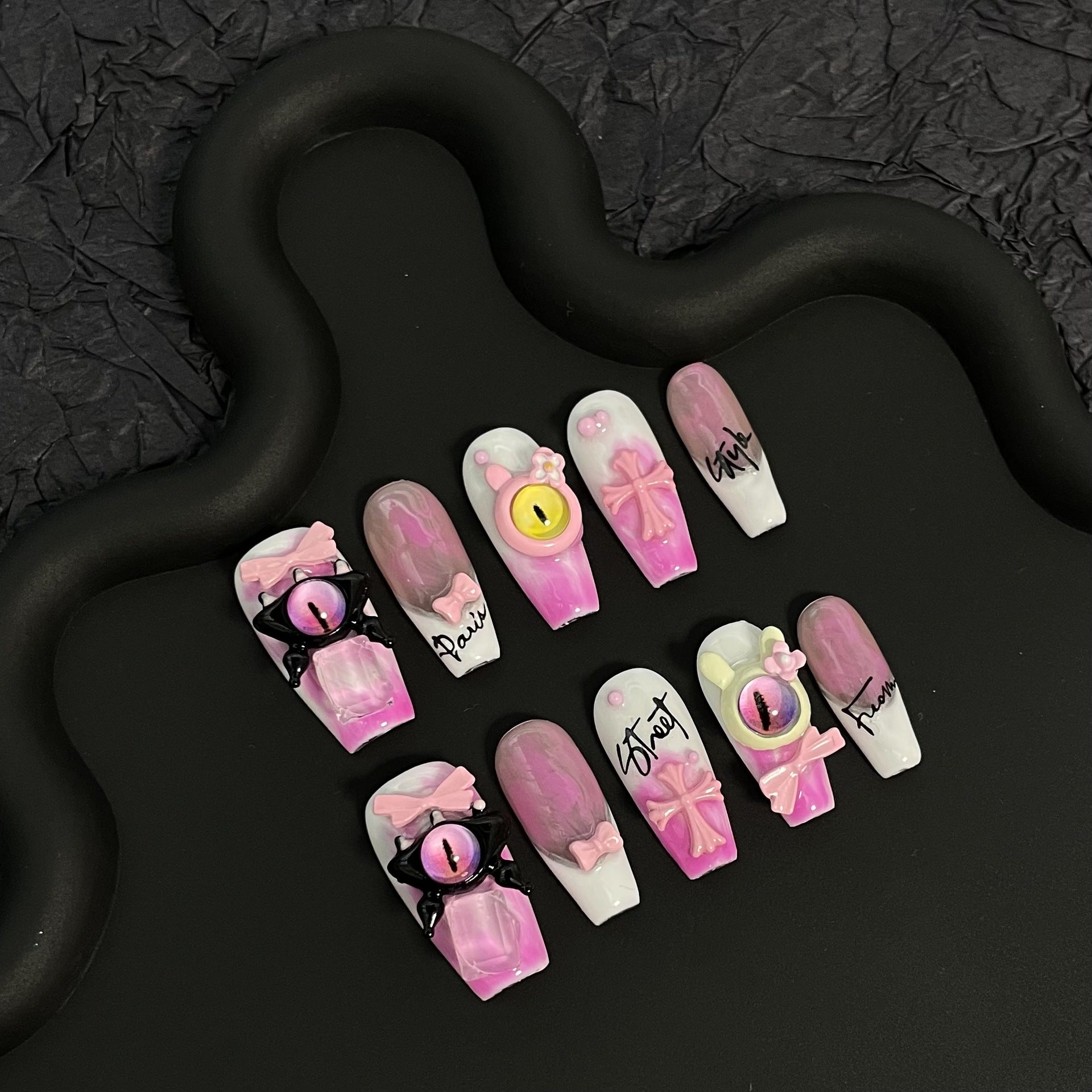 #125 ViVagg Press on nails Hand manicured pink little monster Croheart Cross removable fake Nail sticker