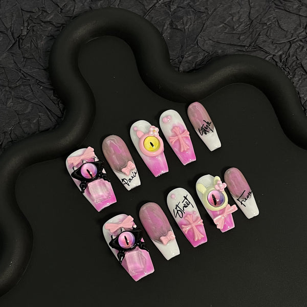 #125 ViVagg Press on nails Hand manicured pink little monster Croheart Cross removable fake Nail sticker