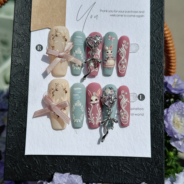 #017 ViVagg Press on nails Vintage Court Princess Bunny Boho style hand-worn nail removal nail patch