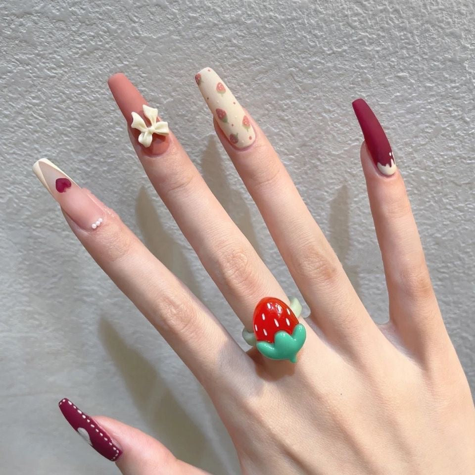 #028 ViVagg Press on nails  Hand Manicured Strawberry Jam with White plum Color Scrub Hand painted small strawberry finished patch