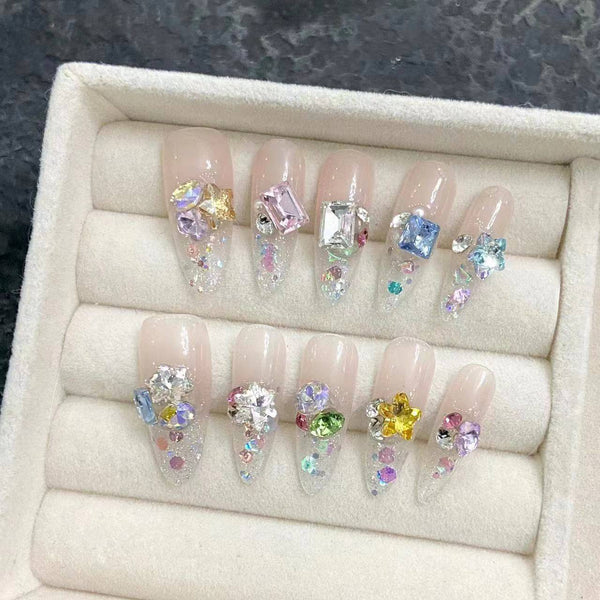 #112 ViVagg Press on nails Pure handmade wear A candy Soda Color Diamond Burst Full Diamond Nail Patch Summer Look White everything