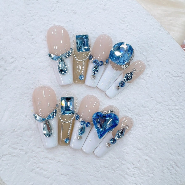 #131 ViVagg Press on nails Wear nail [real] Pure handmade nail Wear nail white French sky Blue nail patchWear nail [real] Pure handmade nail Wear nail white French sky Blue nail patch