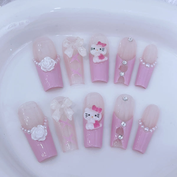 #024 ViVagg Press on nails Pink Hello Kitty Square tube nail manicure with bow nail manicure