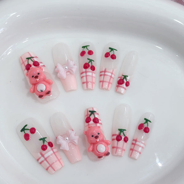 #019 ViVagg Press on nails Hand-painted wearing a Korean girl heart cute three-dimensional cherry small beaver children's fun nail nails