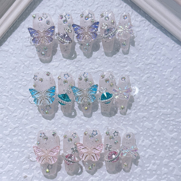 #027 ViVagg Press on nails Hand-worn nail Light luxury Purple flash three-dimensional butterfly Aurora planet removable sticker lamination