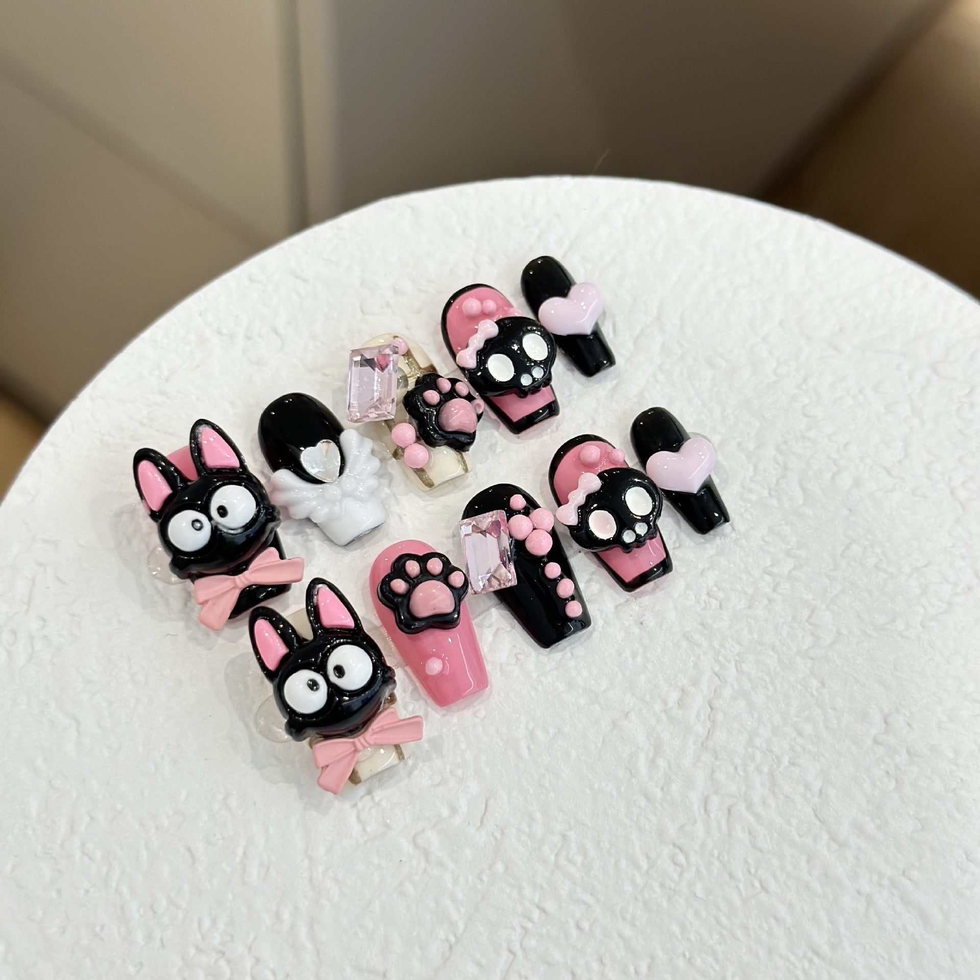 #050 ViVagg Press on nails Hand-worn nail plate advanced sense short cute Pea Cat nail black pink cartoon skull love fake nails