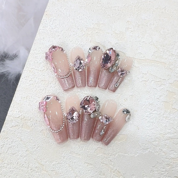 #132 ViVagg Press on nails Wear nail [real] Pure handmade nail wear nail piece nude pink cat eye gradual diamond ball nail sticker