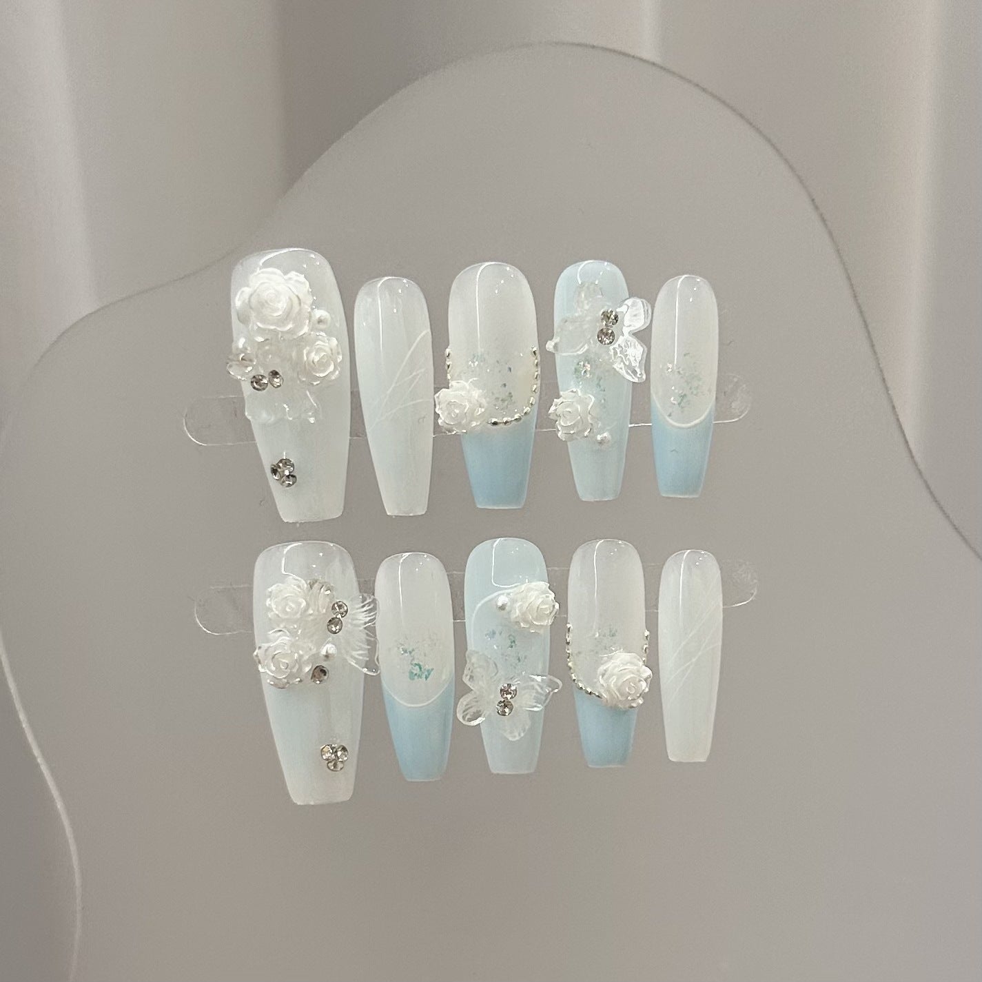 #043 ViVagg Press on nails Pure hand-worn nail piece Advanced sense sky blue French Manicure removable transparent butterfly camellia fake nails