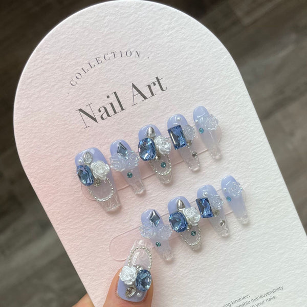 #117 ViVagg Press on nails【 Sea blue ice glass 】 Pure hand-worn nail ice transparent temperament advanced white gentle patch nail art