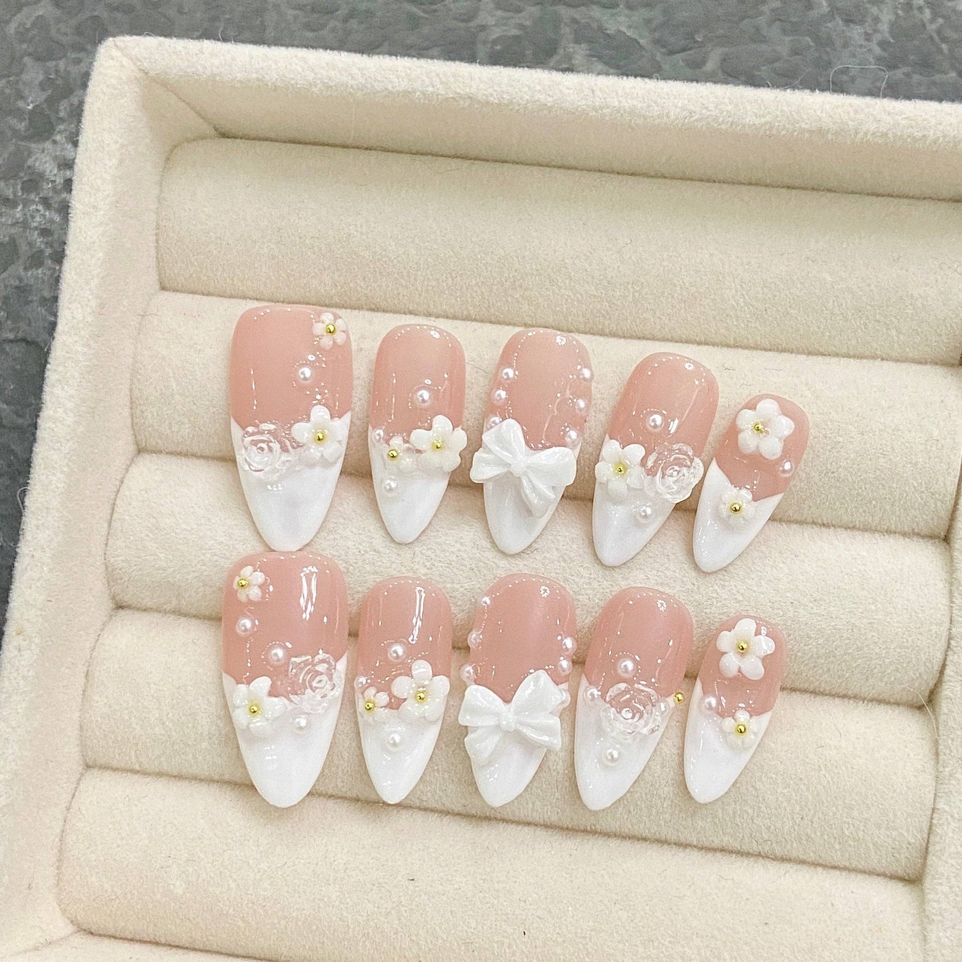 #115 ViVagg Press on nails Pure hand-made nail nail wearing nails fake nail paste spring/summer nude white flower show white fairy nail productPure hand-made nail nail wearing nails fake nail paste spring