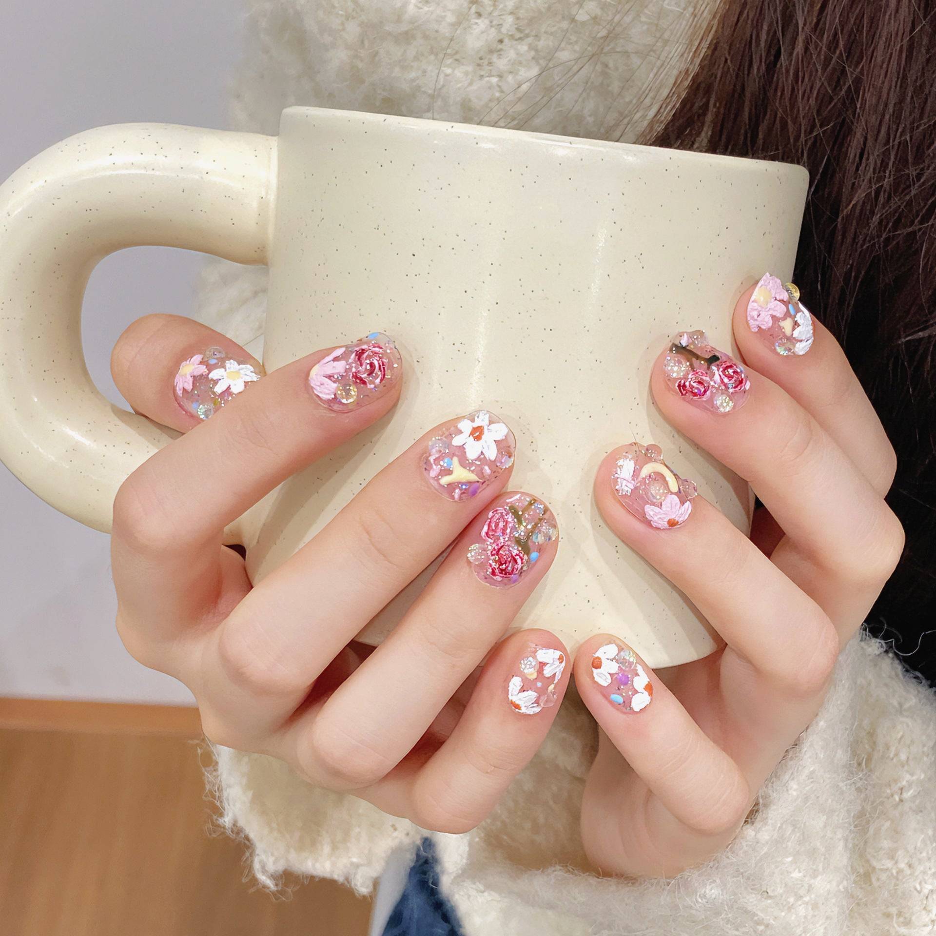 #114 ViVagg Press on nails Seiko hand painted spring Summer flower pure hand wear nail piece pure wind removable nail sticker