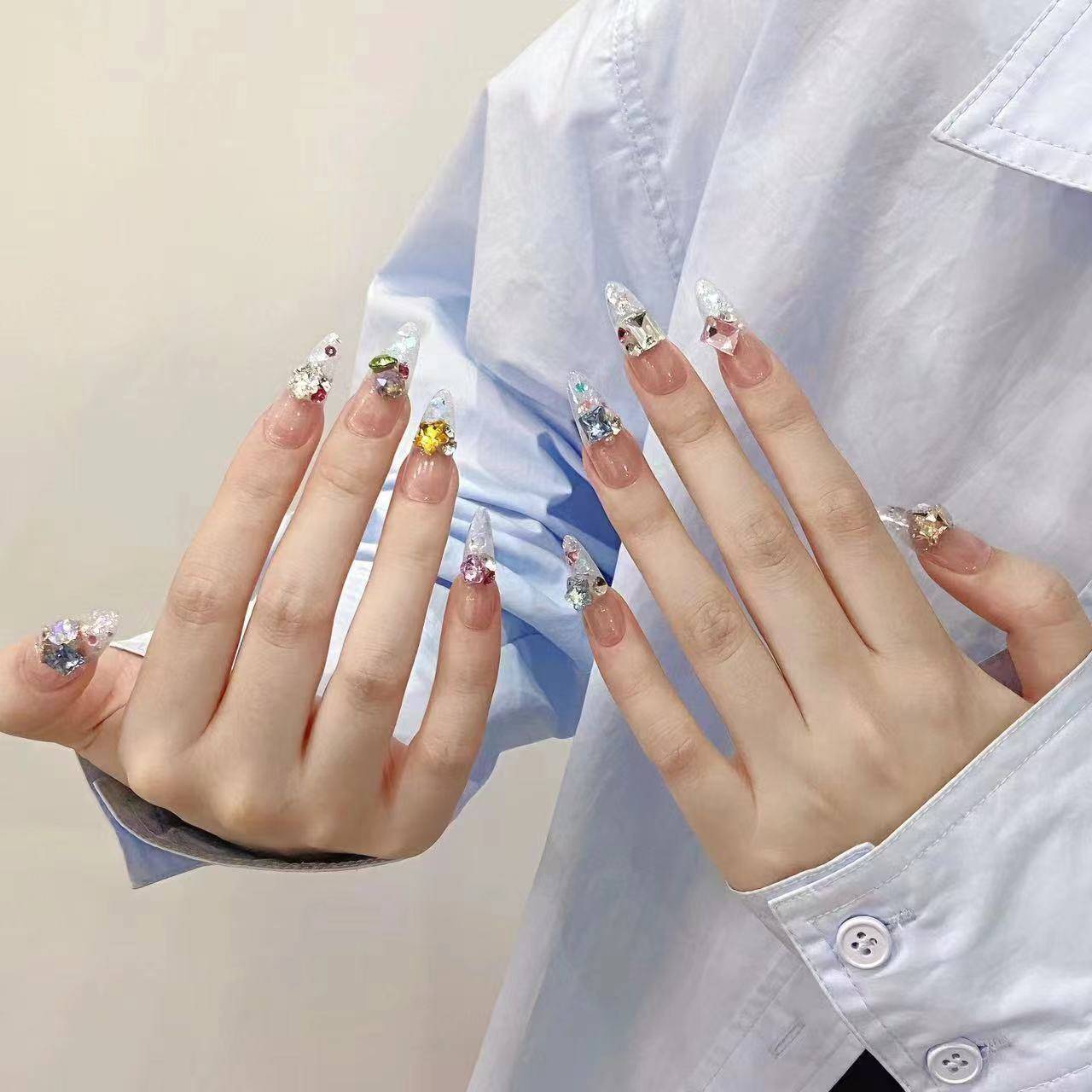 #112 ViVagg Press on nails Pure handmade wear A candy Soda Color Diamond Burst Full Diamond Nail Patch Summer Look White everything