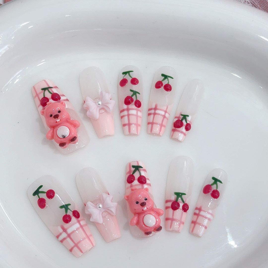 #019 ViVagg Press on nails Hand-painted wearing a Korean girl heart cute three-dimensional cherry small beaver children's fun nail nails