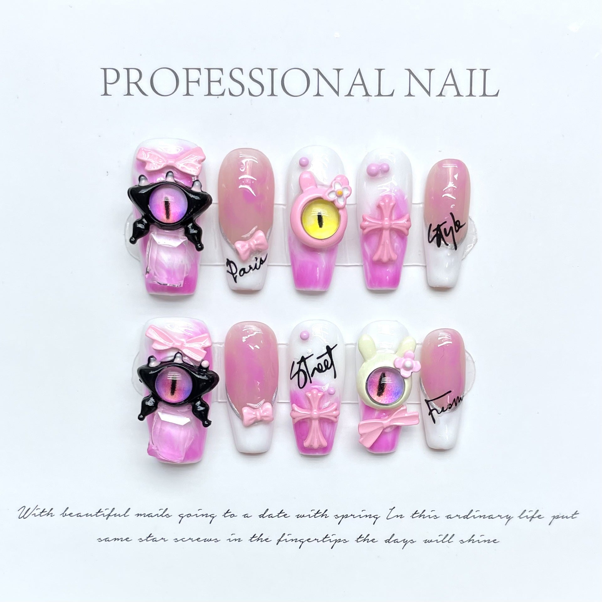 #125 ViVagg Press on nails Hand manicured pink little monster Croheart Cross removable fake Nail sticker