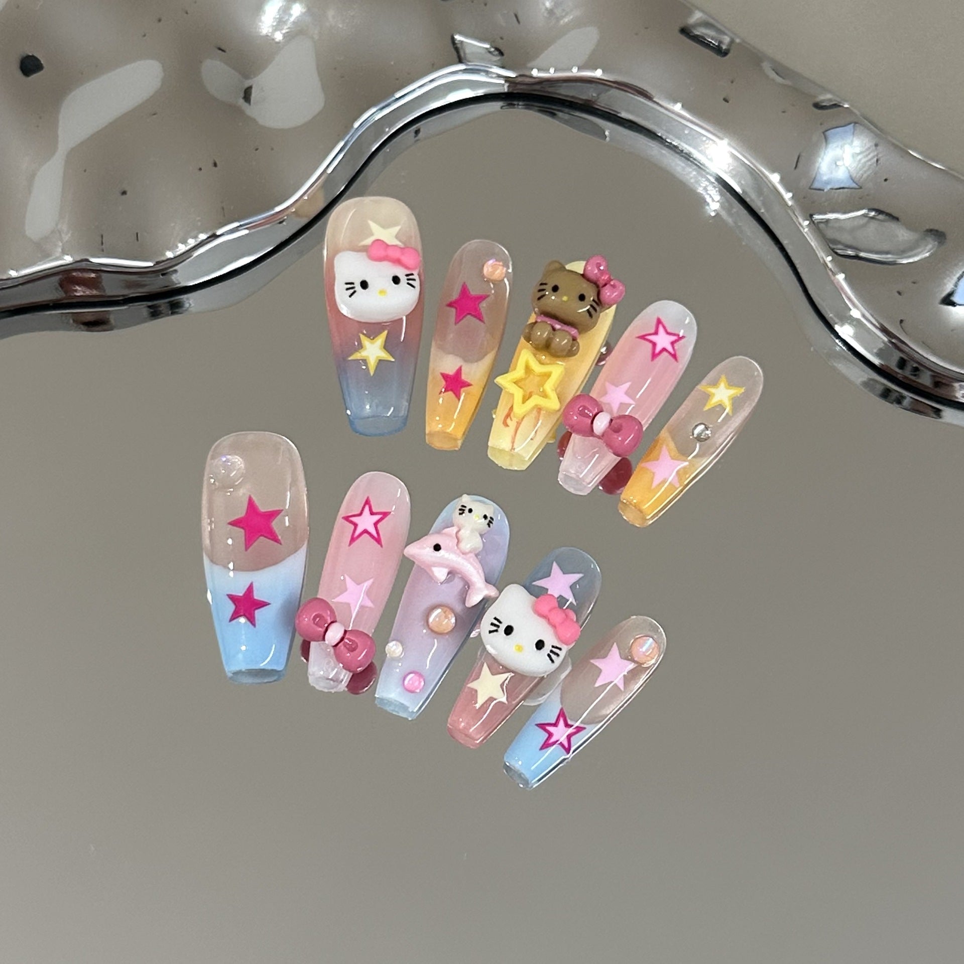 #049 ViVagg Press on nails Pure hand-made nail wear high-grade pink kitt Cat Manicure Color five-pointed star French white long nails