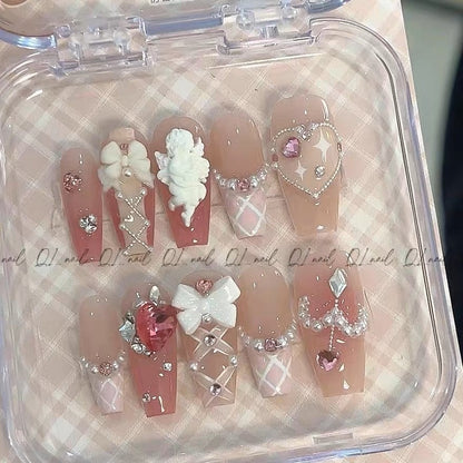 #105 ViVagg Press on nails Pure handmade spring/Summer ballet ribbon blush blush plaid diamond ball nail nail wearing nail factory