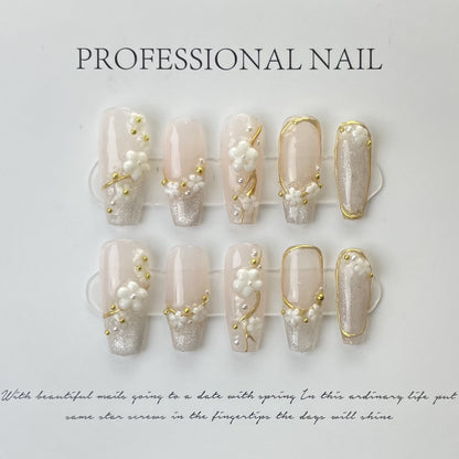 #106 ViVagg Press on nails Pure handmade phototherapy nail patch Wear Nail French Cherry blossom cat eye nail patch