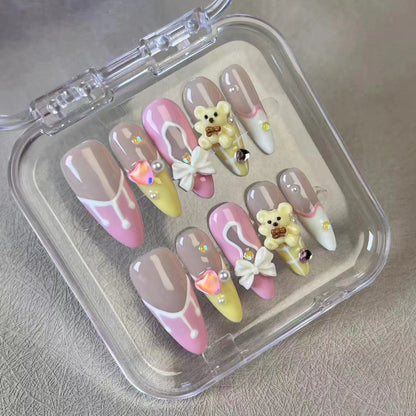 #098 ViVagg Press on nails Sweet cute cream French bow cartoon bear pure handmade manicure