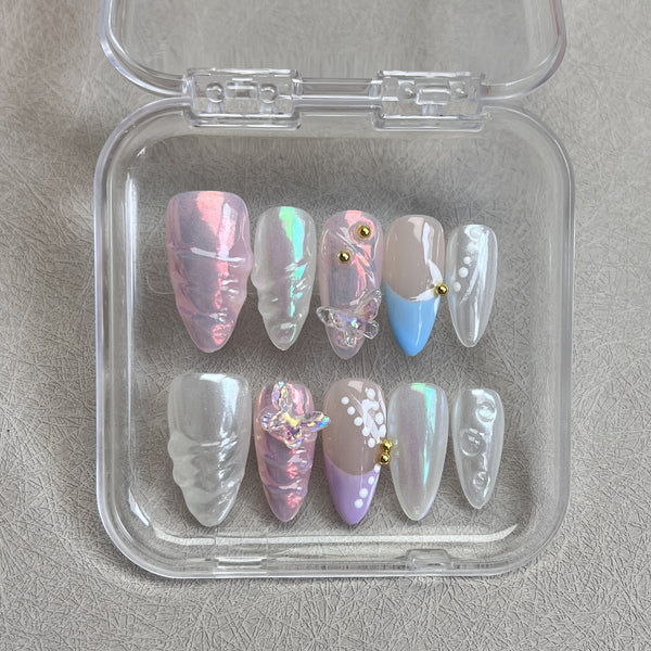 #087 ViVagg Press on nails Middle Almond Aurora Pink hand-painted wear Nail Butterfly Blue French patch