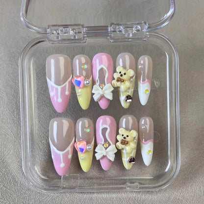 #098 ViVagg Press on nails Sweet cute cream French bow cartoon bear pure handmade manicure