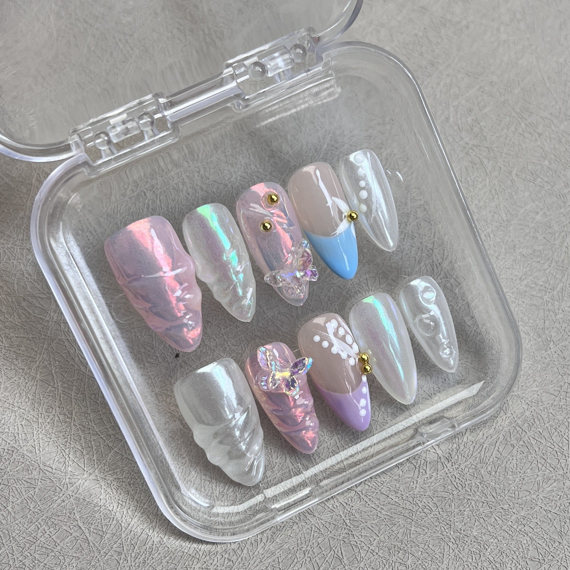 #087 ViVagg Press on nails Middle Almond Aurora Pink hand-painted wear Nail Butterfly Blue French patch