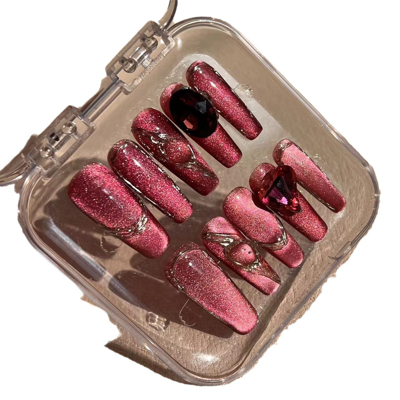 #089 ViVagg Press on nails New Year's white red cat eye hand-worn nail ruby red