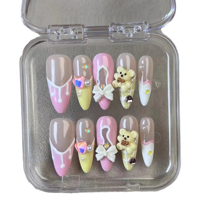 #098 ViVagg Press on nails Sweet cute cream French bow cartoon bear pure handmade manicure