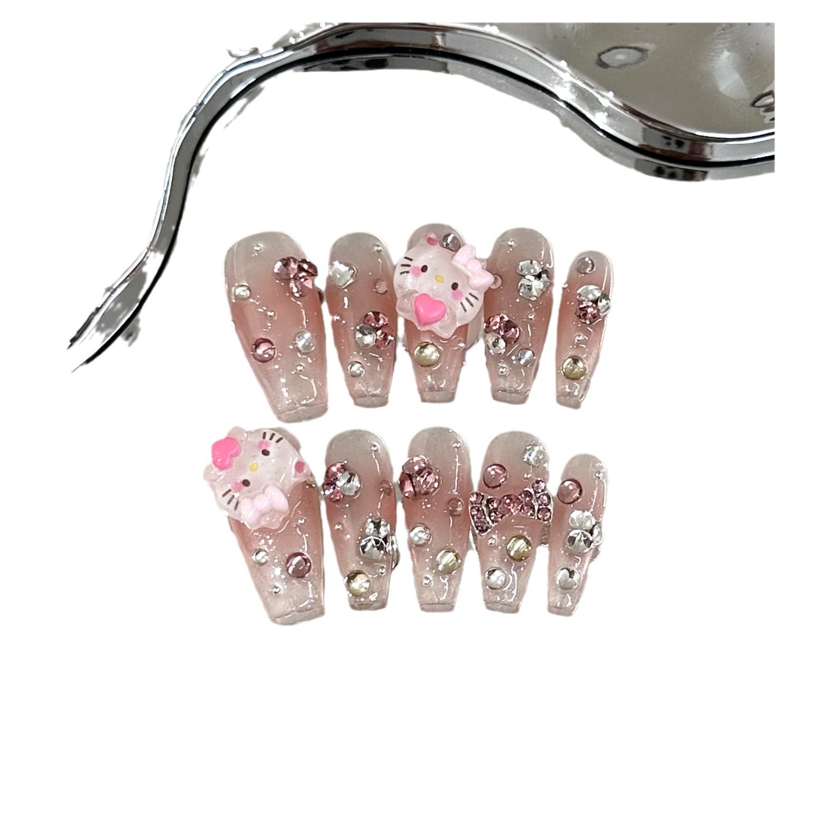 #047 ViVagg Press on nails Cartoon cute handmade nail wear advanced pink blush Nail art removable white kitten fake nail sticker