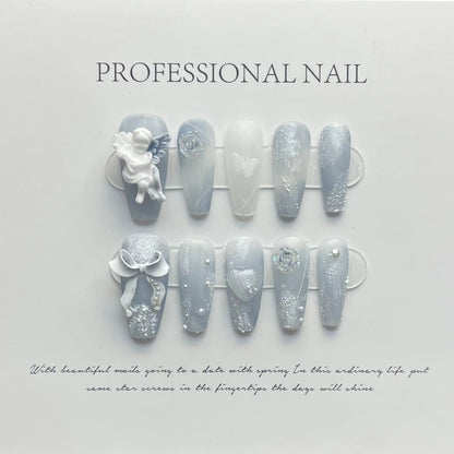 #102 ViVagg Press on nails Cool Yunchuan fog blue plaster angel rose hand nail fake nail manicure